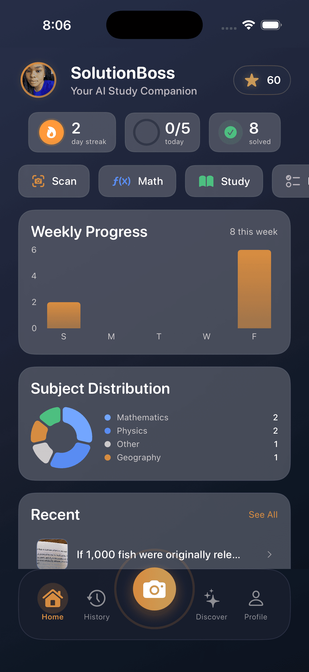 SolutionBoss Home Screen - Daily nutrition tracking dashboard